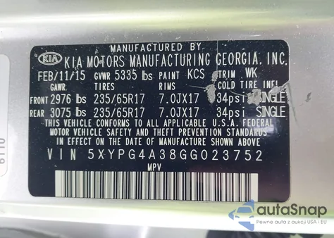 2016 Kia Sorento 2.4L Lx from USA, damaged, VIN 5XYPG4A38GG023752